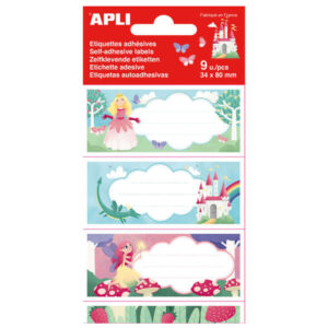 apli etiquetas adhesivas escolares princesas tamaño 81x36mm 9 etiquetas en 3 hojas adhesivo permanente de alta calidad diseño princesas color variado