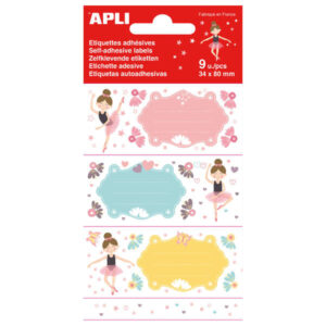 apli etiquetas adhesivas escolares bailarinas tamaño 81x36mm 9 etiquetas (3 por diseño) adhesivo permanente de alta calidad color blanco