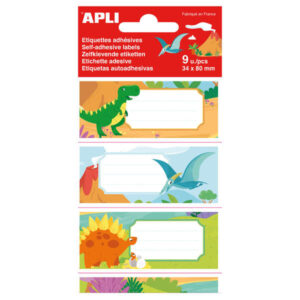 apli etiquetas adhesivas escolares dinosaurios tamaño 81x36mm 9 etiquetas de adhesivo permanente de alta calidad ideal para marcar e identificar libros, cuadernos, carpetas, catalogos, carpesanos, agendas color blanco