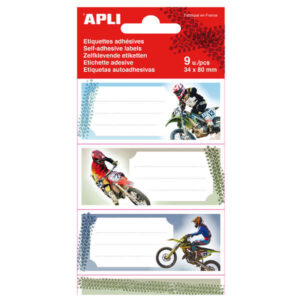 apli etiquetas adhesivas escolares motos tamaño 81x36mm 9 etiquetas (3 por diseño) adhesivo permanente de alta calidad color blanco