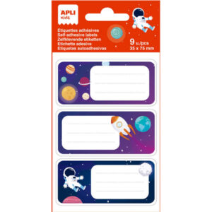apli etiquetas adhesivas escolares planetas tamaño 81x36mm 9 etiquetas en 3 hojas adhesivo permanente de alta calidad diseño planetas color blanco