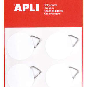 apli pack de 12 colgadores autoadhesivos redondos Ø 30mm triangulo metalico de soporte base adhesiva blanca gran resistencia ideal para fotos, calendarios y posteres