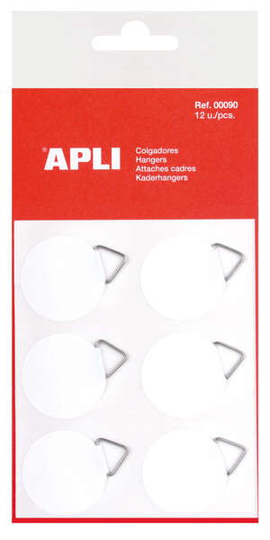 apli pack de 12 colgadores autoadhesivos redondos Ø 30mm triangulo metalico de soporte base adhesiva blanca gran resistencia ideal para fotos, calendarios y posteres