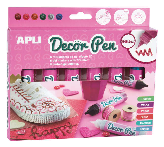 apli pack de 6 rotuladores de gel 3d con acabado purpurina 25ml personaliza regalos, objetos, tarjetas, detalles, fotos, carpetas, etc... colores surtidos