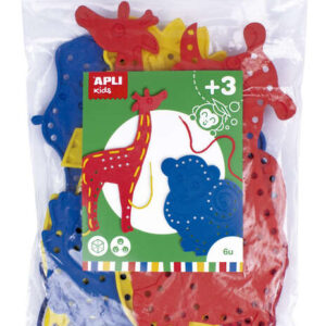 apli juego de cosedores animales formato maxi 6 animales de plastico con agujeros 18 cuerdas de colores desarrolla psicomotricidad fina y coordinacion mano ojo favorece imaginacion y creatividad color surtido