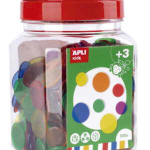 apli kit de 500 piezas redondas de plastico transparente 25mm y 18mm ideal para mesas de luz y practicas de secuencias y clasificaciones formato maxi en bote con tapa colores surtidos