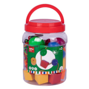 apli kit de formas ensartables 40 piezas 4 cordones de 90cm 6 formas geometricas colores surtidos bote de plastico con asa mejorado