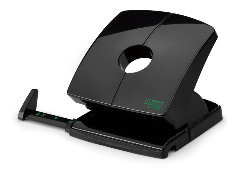 novus b 230 re+new perforadora de papel perfora hasta 30 hojas fabricada con plastico reciclado escala de tope vaciado facil punzones 5.5mm color negro