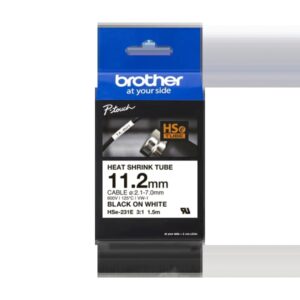 brother hse231e cinta tubo termorretractil original de etiquetas para cables texto negro sobre fondo blanco ancho 11.2mm x 1.5 metros cable recomendado Ø 2.1mm a 7.0mm
