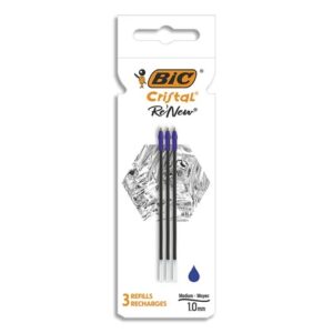 bic pack de 3 recambios para boligrafo cristal re´new punta media de 1.0mm tinta con base de aceite color azul