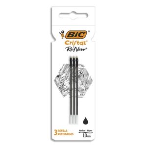 bic pack de 3 recambios para boligrafo cristal re´new punta media de 1.0mm tinta con base de aceite color negro