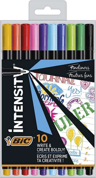 bic intensity fine pack de 10 rotuladores punta fina de 0.8mm trazo de 0.4mm tinta con base de agua colores surtidos