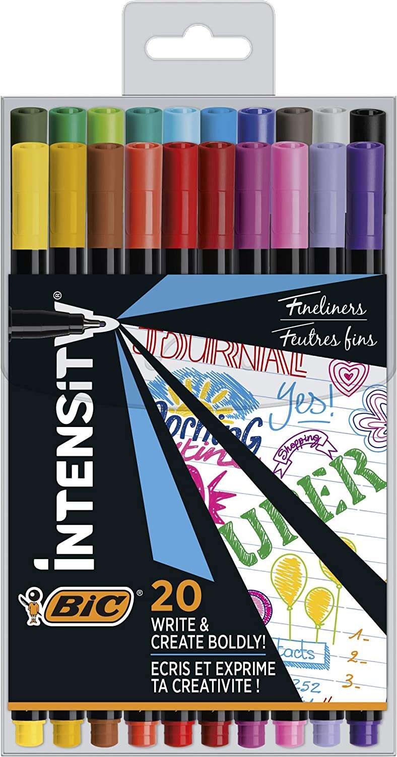 bic intensity fine pack de 20 rotuladores punta fina de 0.8mm trazo de 0.4mm tinta con base de agua colores surtidos