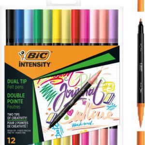 bic intensity dual tip pack de 12 rotuladores doble punta punta de pincel + punta fina tinta con base de agua colores clasicos y pastel surtidos