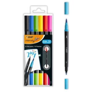 bic intensity dual tip pack de 6 rotuladores doble punta punta de pincel + punta fina tinta con base de agua colores clasicos surtidos