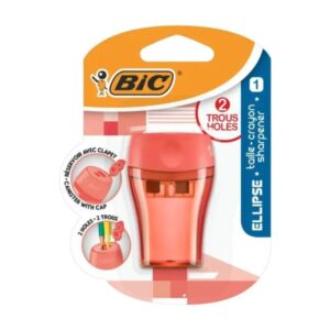 bic ellipse sacapuntas de plastico 2 orificios deposito grande para los restos color verde, azul o coral aleatorio