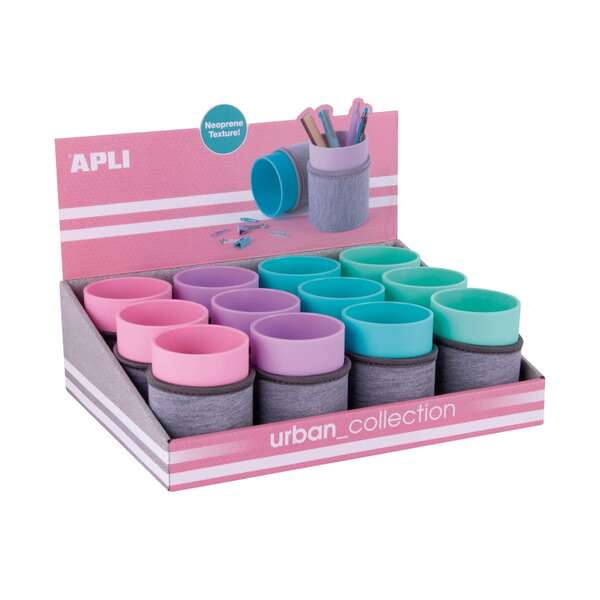 apli urban collection expositor de 12 cubiletes con funda de neopreno medidas 105x80mm colores surtidos