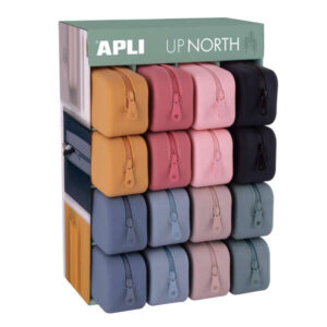 apli up north expositor de 16 estuches de silicona rectangular cremallera repelente al agua medidas 75x185x55mm colores surtidos