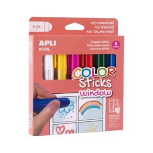apli kids color sticks window pack 6 temperas solidas 6gr especiales para dibujar y pintar sobre cristales facil limpieza colores surtidos
