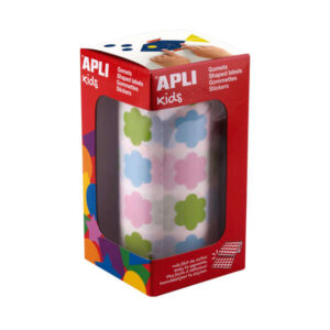 apli kids rollo de 900 gomets con forma de flor adhesivo base agua libre de disolventes materiales 100% reciclables colores azul, verde y rosa pastel
