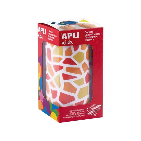 apli kids rollo de 2460 gomets mosaico adhesivo base agua libre de disolventes materiales 100% reciclables colores rojo, naranja y amarillo