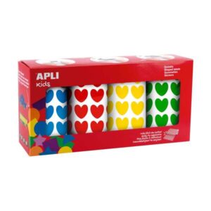 apli pack de 4 rollos de gomets corazon 1770 gomets por rollo adhesivo permanente 7080 gomets en total ideales para escuelas infantiles colores azul, rojo, amarillo y verde