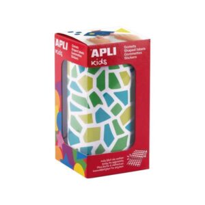 apli kids rollo de 2460 gomets mosaico adhesivo base agua libre de disolventes materiales 100% reciclables colores azul, verde y amarillo