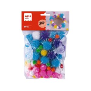 apli kids bolsa de 80 pompones glitter tamaños 10mm, 20mm, 25mm colores surtidos
