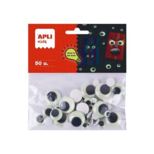 apli kids bolsa de 50 ojos moviles redondos adhesivos brillan en la oscuridad tamaños 8mm, 10mm, 15mm, 20mm