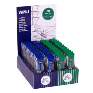 apli expositor de 48 estuches de 50 minas para portaminas dureza 2b 24 estuches de 0,5mm y 24 estuches de 0,7mm