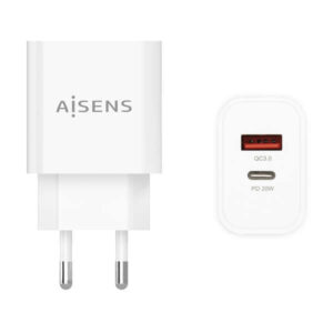 aisens cargador 20w 1xusb c pd3.0 1xusb a qc3.0 color blanco
