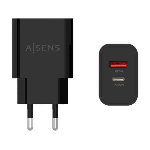 aisens cargador 20w 1xusb c pd3.0 1xusb a qc3.0 color negro