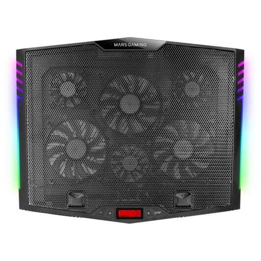 mars gaming mnbc5 base de refrigeracion para portatil hasta 19" 6 ventiladores 7 posiciones de inclinacion iluminacion argb dinamica base para smartphone rejilla de aluminio 2 puertos usb 2.0