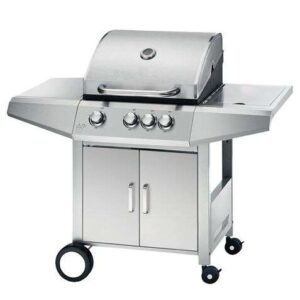 muvip barbacoa gas inox 4 fuegos estructura de acero inoxidable 3 fuegos centrales + 1 fuego lateral 2 rejillas esmaltadas bandeja lateral asa tacto frio ruedas de transporte color plateado