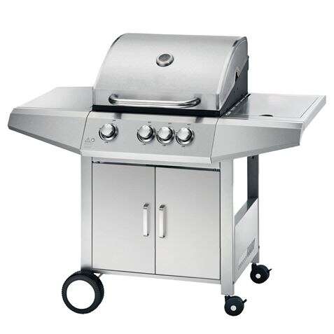 muvip barbacoa gas inox 4 fuegos estructura de acero inoxidable 3 fuegos centrales + 1 fuego lateral 2 rejillas esmaltadas bandeja lateral asa tacto frio ruedas de transporte color plateado