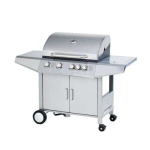 muvip barbacoa gas inox 5 fuegos estructura acero inoxidable 4 fuegos centrales + 1 fuego lateral rejillas esmaltadas bandeja lateral asa tacto frio ruedas transporte color plateado