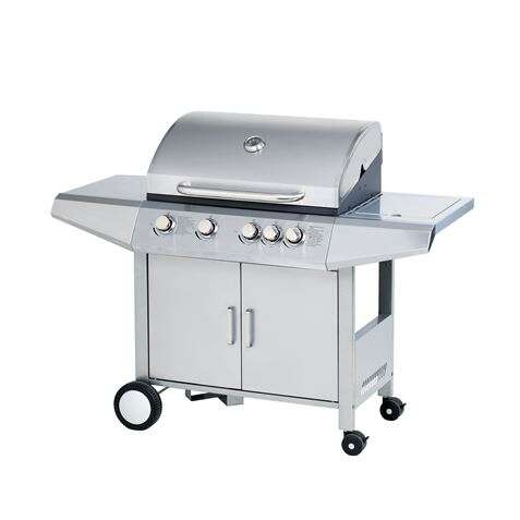muvip barbacoa gas inox 5 fuegos estructura acero inoxidable 4 fuegos centrales + 1 fuego lateral rejillas esmaltadas bandeja lateral asa tacto frio ruedas transporte color plateado