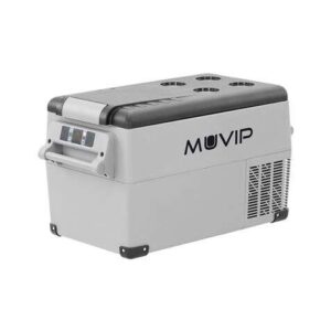 muvip nevera portatil de compresor 35l proteccion bateria vehiculo luz led temperatura 20º/+20º conexion 12/24/220v consumo 50w compresor silencioso asas desmontables control bluetooth medidas 693x345x381cm color gris