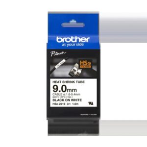 brother hse221e cinta tubo termorretractil original de etiquetas para cables texto negro sobre fondo blanco ancho 9mm x 1.5 metros cable recomendado Ø 1.6mm a 5.4mm