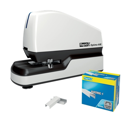 rapid optima 60e grapadora electrica de sobremesa + caja de 5000 grapas hasta 60 hojas adaptador de red incluido color blanco