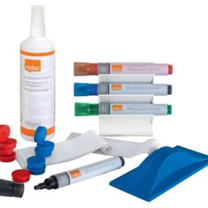 nobo pack de accesorios para pizarra blanca incluye 4 rotuladores, borrador magnetico, spray de limpieza y 10 imanes practico y completo