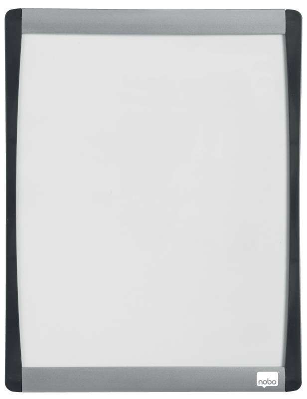 nobo mini pizarra magnetica con marco arqueado 215x280 elegante diseño plateado y negro almohadillas adhesivas e imanes incluidos blanco