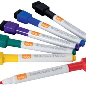 nobo pack con 6 mini rotuladores para pizarra blanca con tapa borrador magnetica punta fina 2mm destaca en pizarras blancas colores surtidos