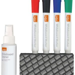 nobo pack de accesorios para pizarra blanca incluye: 4 rotuladores pizarra, borrador y spray limpiador 50ml colores de los rotuladores negro, azul, rojo, verde