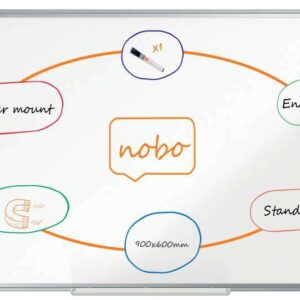 nobo premium plus pizarra magnetica de acero vitrificado 900x600mm montaje en esquinas superficie de borrado superior color blanco