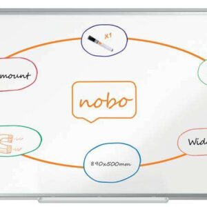 nobo premium plus pizarra magnetica de acero lacado panoramica 890x500mm montaje en esquina blanco