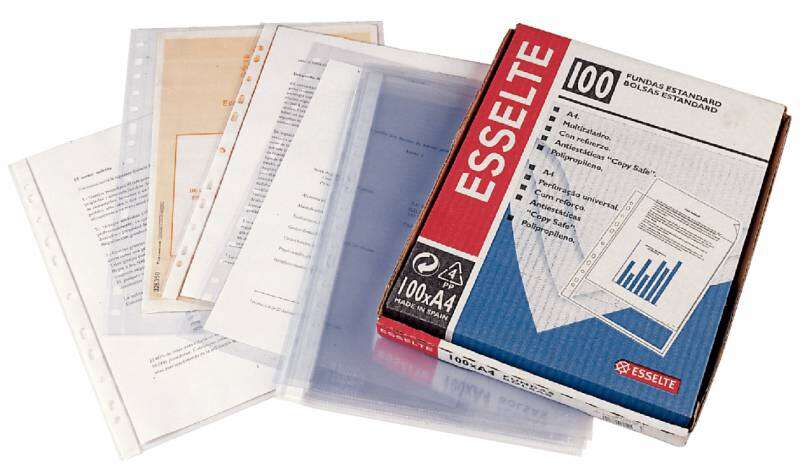 esselte pack de 100 fundas porta documentos multitaladro pvc tamaño folio liso calidad estandar transparente