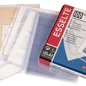 esselte pack de 100 fundas portadocumentos multitaladro pvc con refuerzo tamaño a4 80 micras liso calidad estandar transparente
