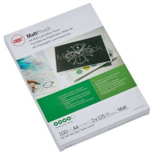 gbc carteras plastificacion mate a4, 2x125 micras resistente al agua acabado mate tamaño 216x303mm superficie escribible duracion prolongada adaptabilidad al papel color transparente