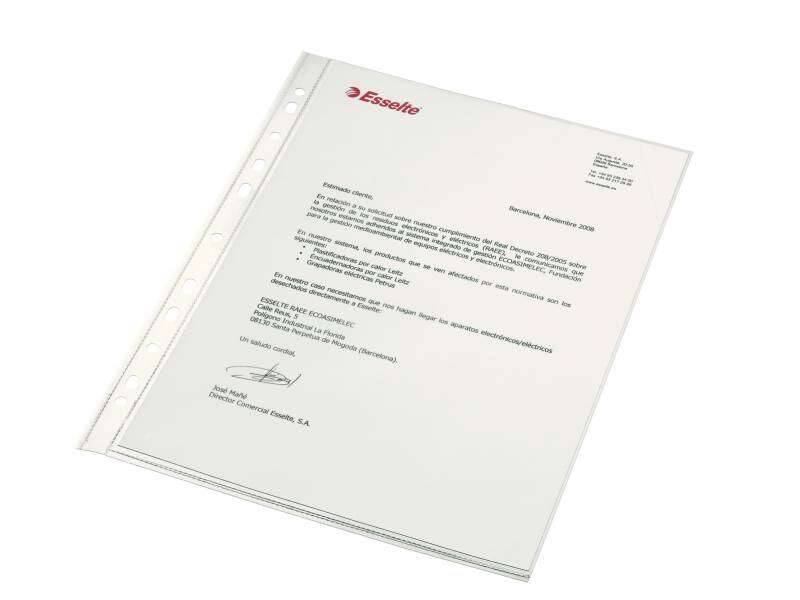 esselte pack de 100 fundas multitaladro portadocumentos pp formato a4 calidad luxe cristal liso extra 11 taladros transparente
